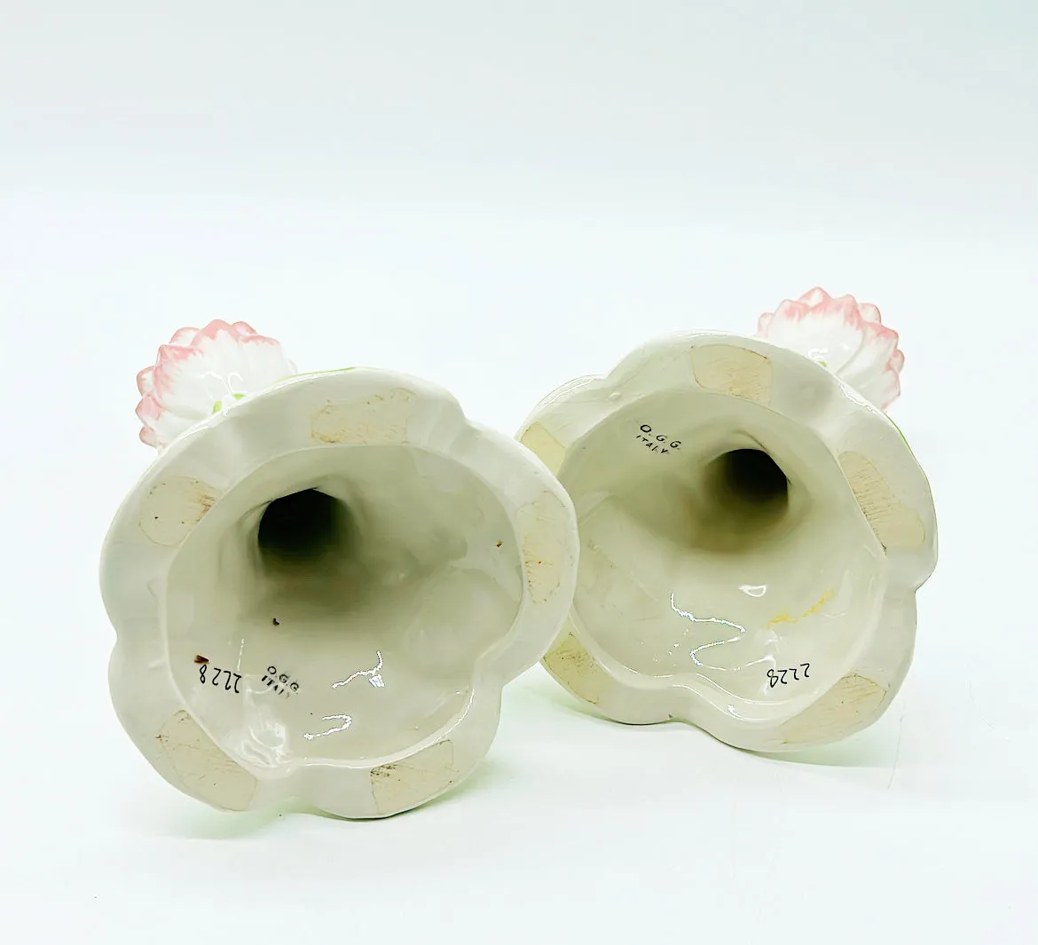 1980s rare Italian stamped pink blooming lilly pad style designed candleholders.