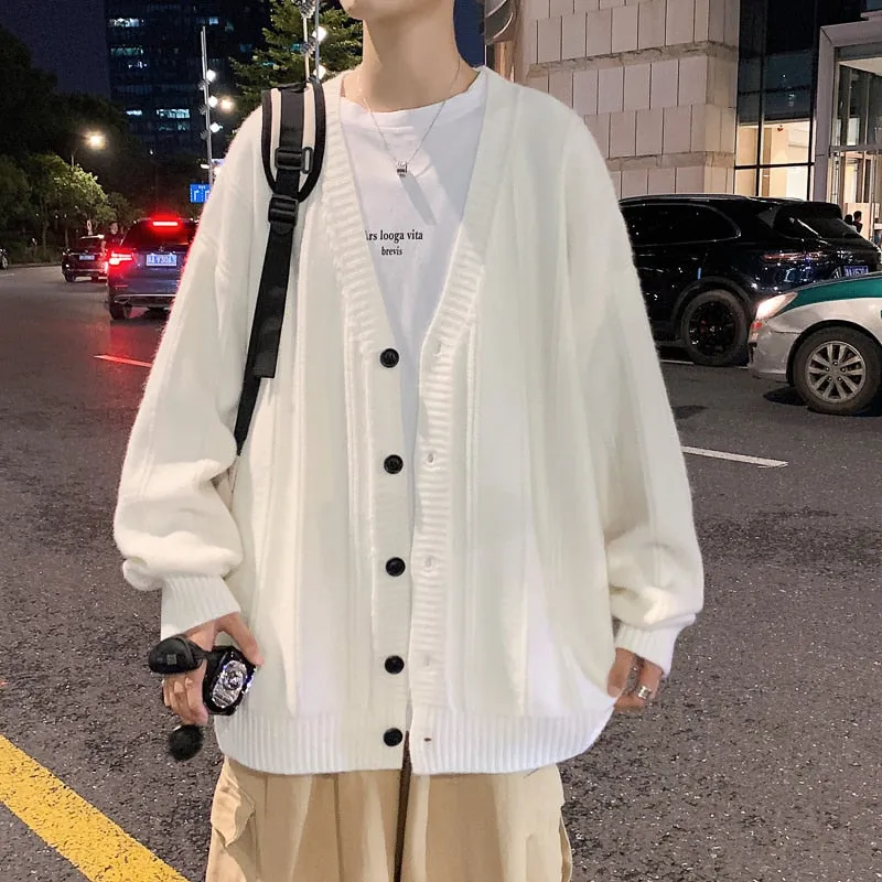 Aidase Men Cardigan Autumn Male Outwear Mens Sweaters V-neck Argyle Retro Japanese Trendy All-match Casual Oversized Loose Sweater