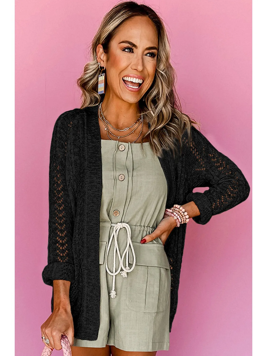 Black Solid Color Hollow Knit Open Front Cardigan