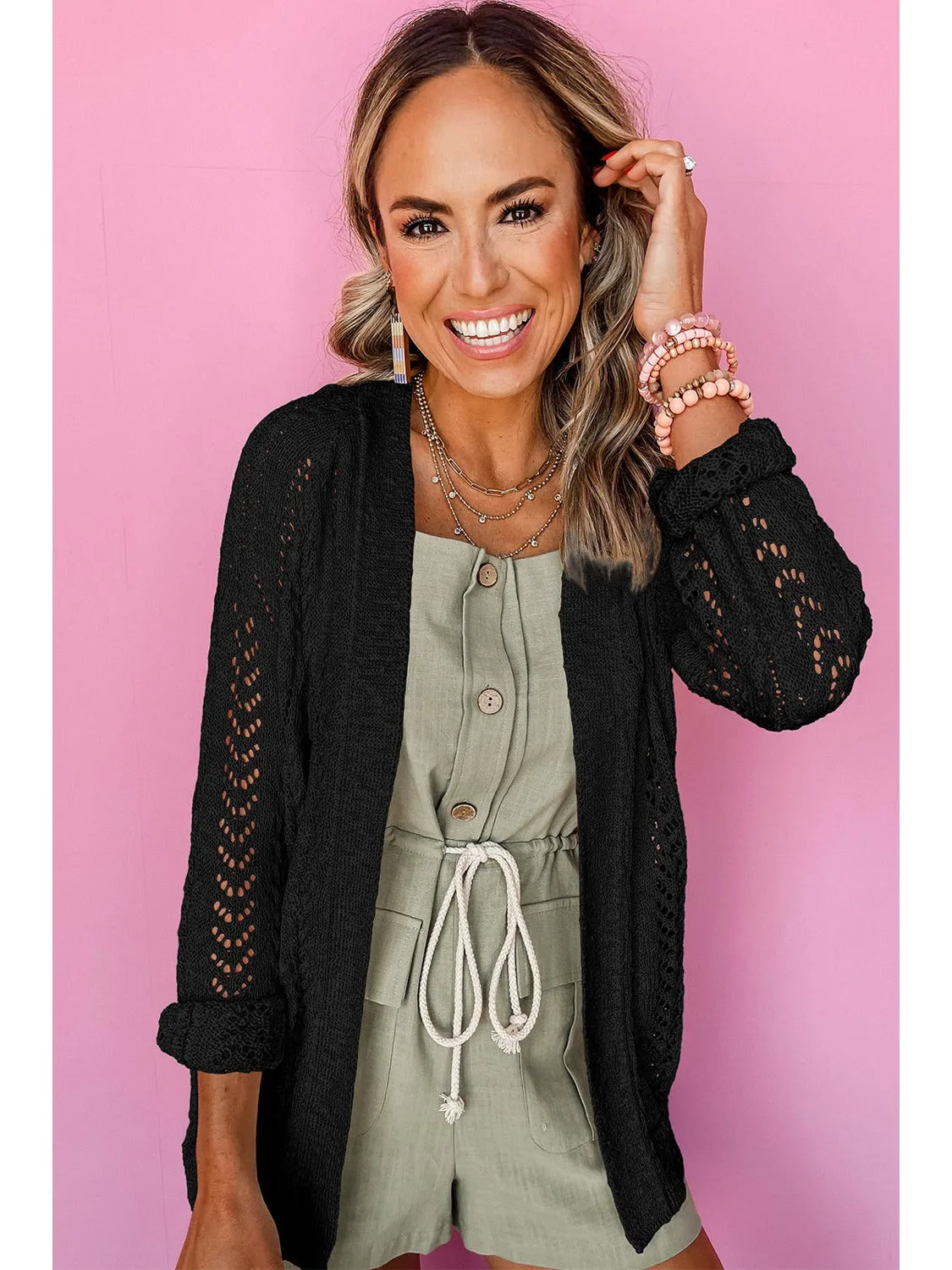Black Solid Color Hollow Knit Open Front Cardigan