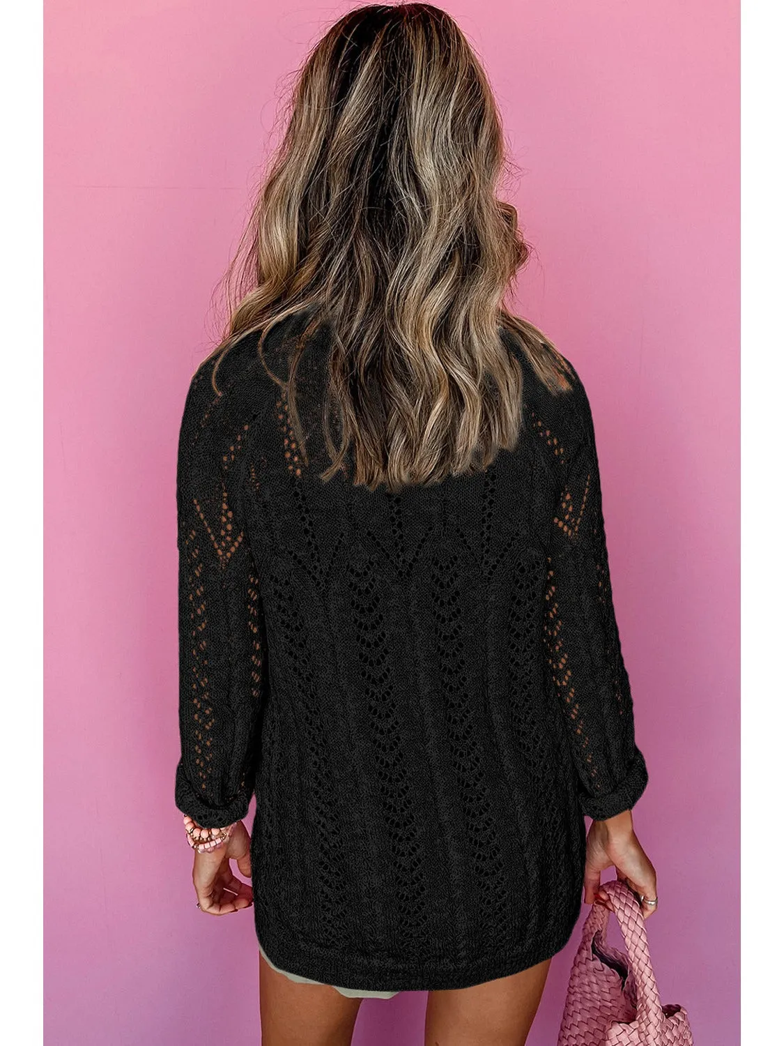 Black Solid Color Hollow Knit Open Front Cardigan