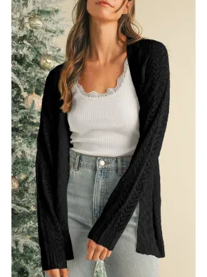 Black Solid Color Hollow Knit Open Front Cardigan