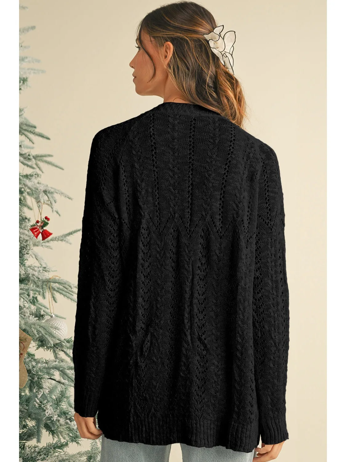 Black Solid Color Hollow Knit Open Front Cardigan