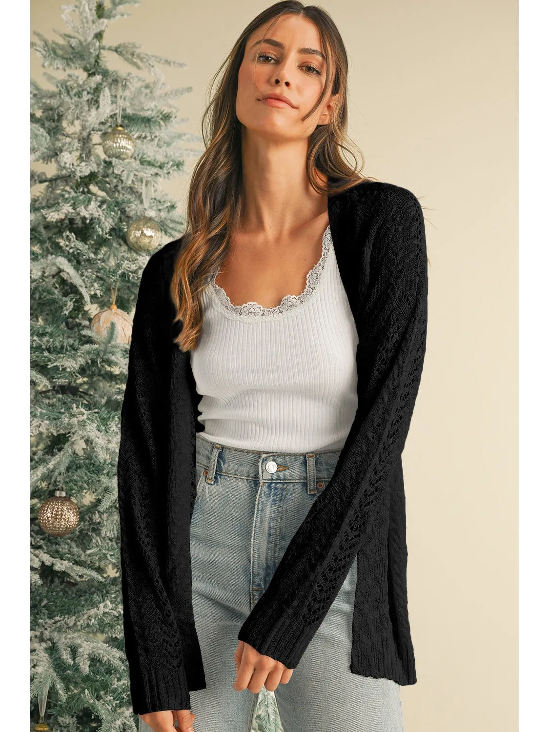 Black Solid Color Hollow Knit Open Front Cardigan