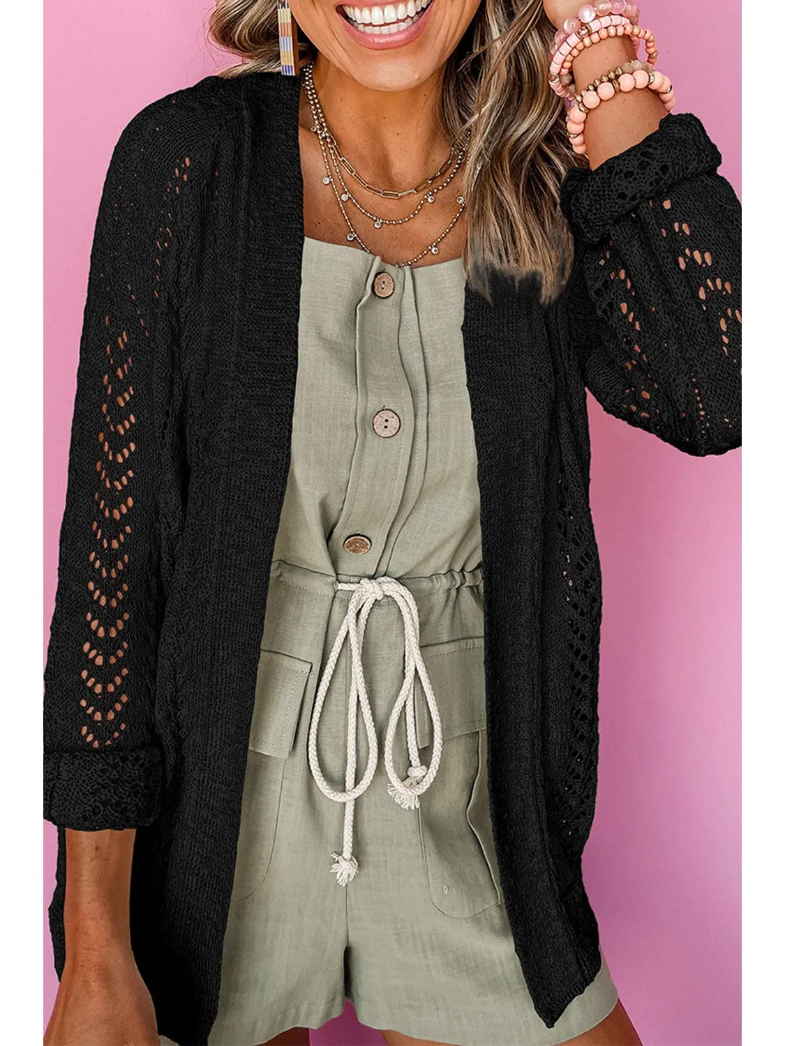 Black Solid Color Hollow Knit Open Front Cardigan