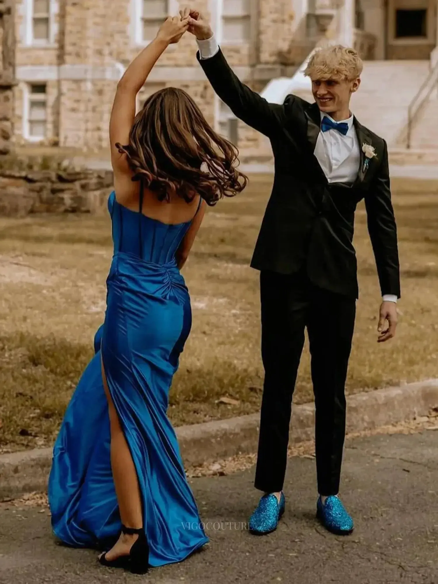 Blue Satin Mermiad Prom Dresses 2025 Spaghetti Strap Formal Dresses with Slit – 25143