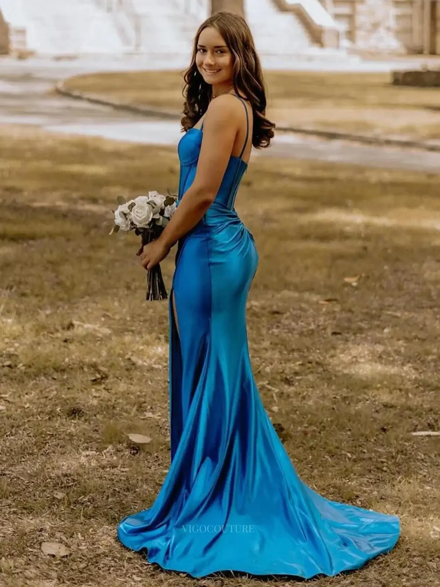Blue Satin Mermiad Prom Dresses 2025 Spaghetti Strap Formal Dresses with Slit – 25143