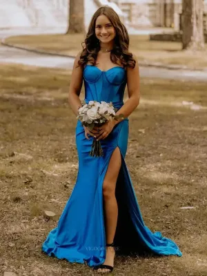 Blue Satin Mermiad Prom Dresses 2025 Spaghetti Strap Formal Dresses with Slit – 25143