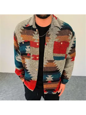 Casual Cardigan Jacket Men'S Long Shirt Colorful Christmas Lapel Long Sleeve Top