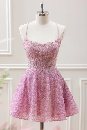 Cute A Line Light Pink Beaded Corset Floral Appliques Mini Dress