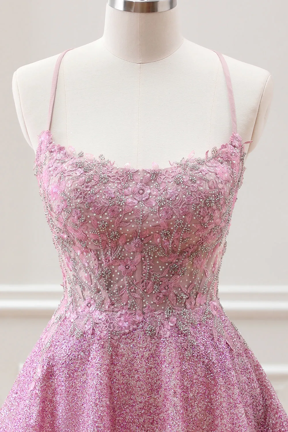 Cute A Line Light Pink Beaded Corset Floral Appliques Mini Dress