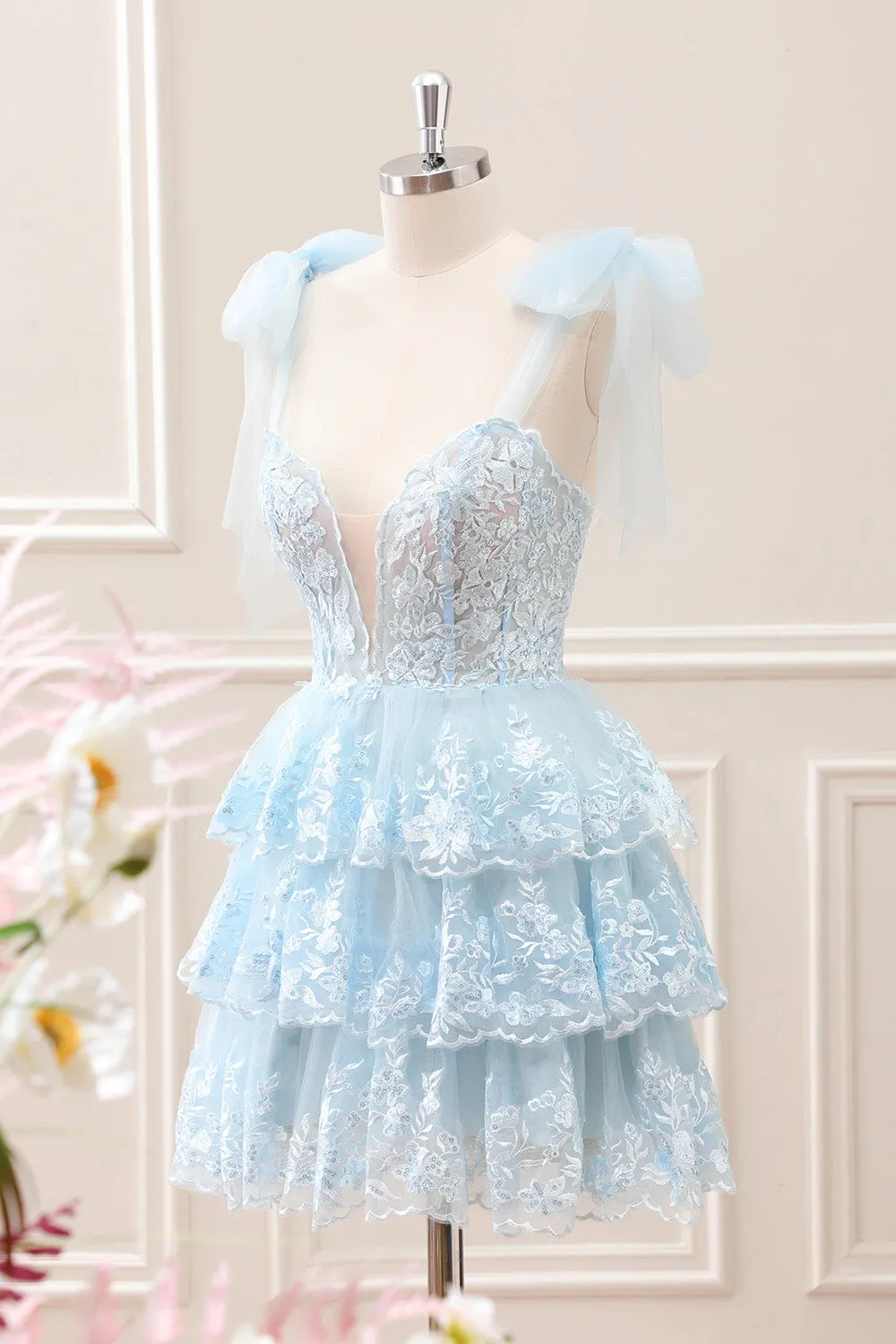 Glitter Blue A Line Embroidery Tiered Mini Dress with Appliques