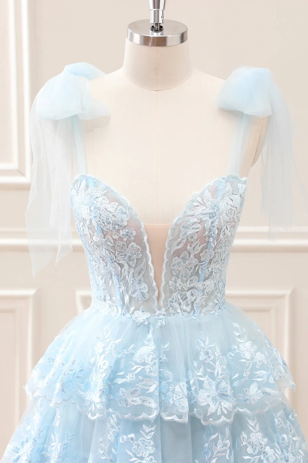 Glitter Blue A Line Embroidery Tiered Mini Dress with Appliques