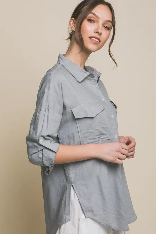 Grey Linen Oversized Double Pocket Button Down Shirt