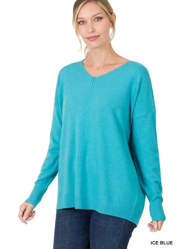 HI-LOW GARMENT DYED V-NECK FRONT SEAM SWEATER