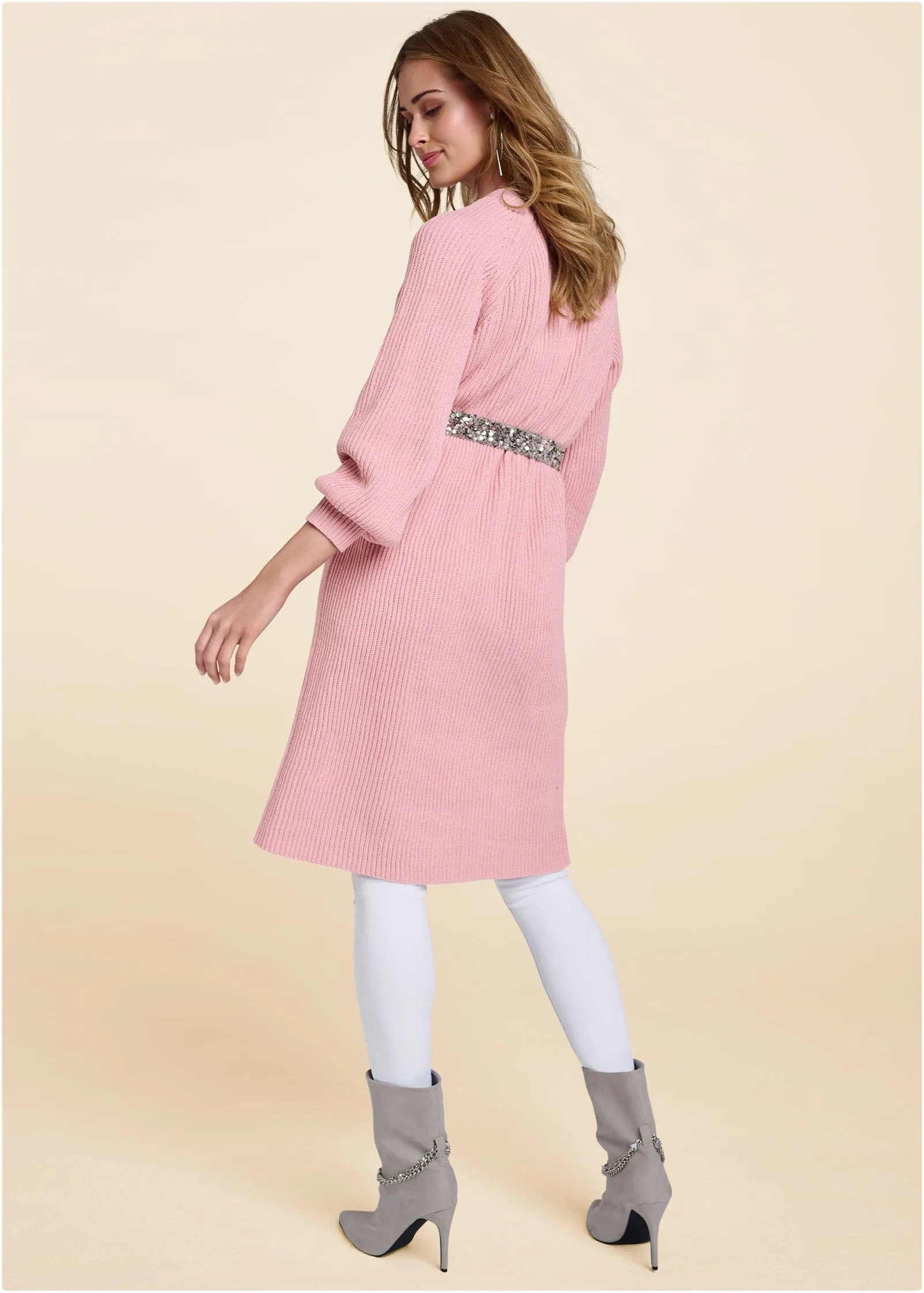 Knit Duster With Sequin Belt - Pink
