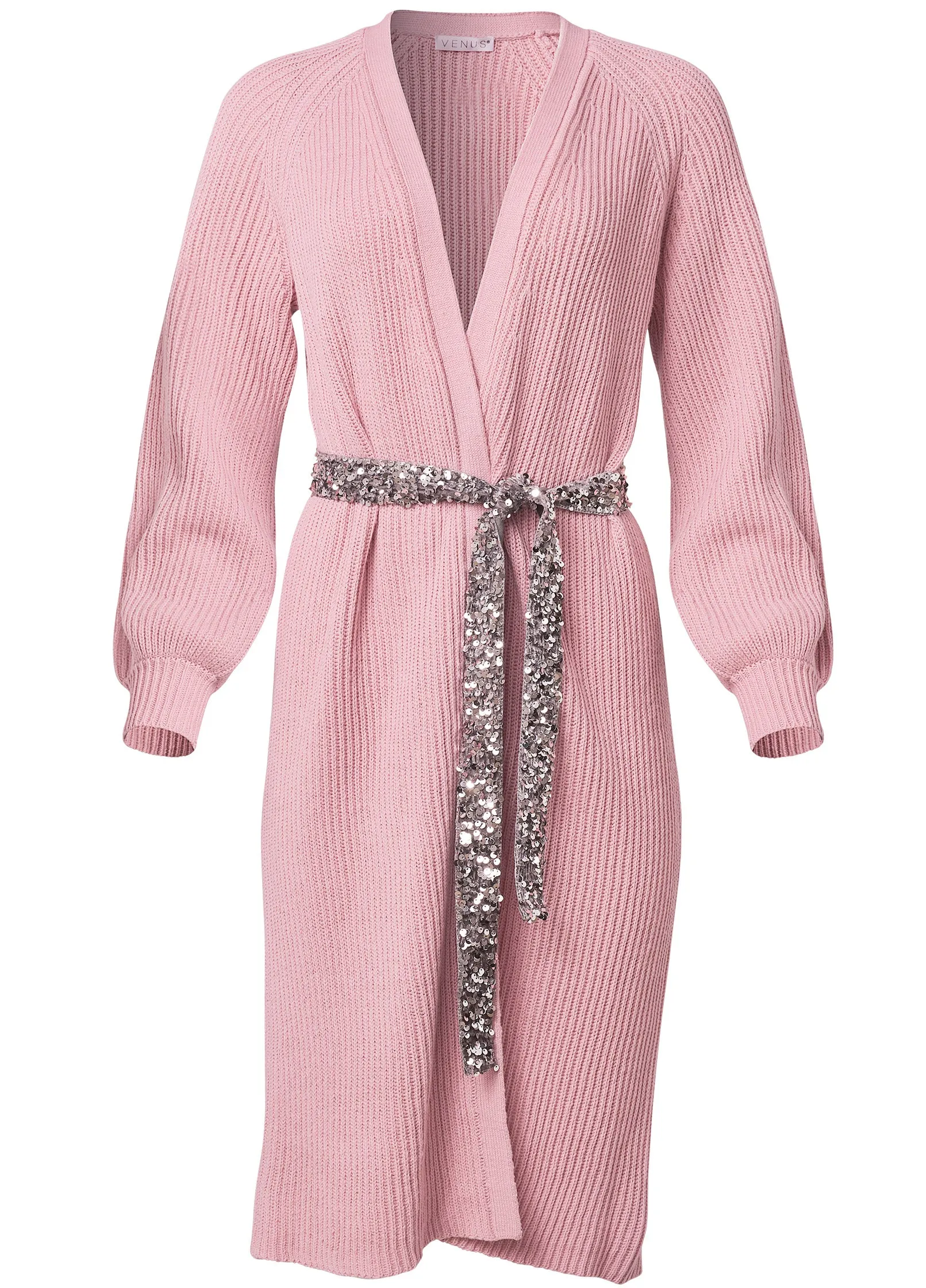 Knit Duster With Sequin Belt - Pink
