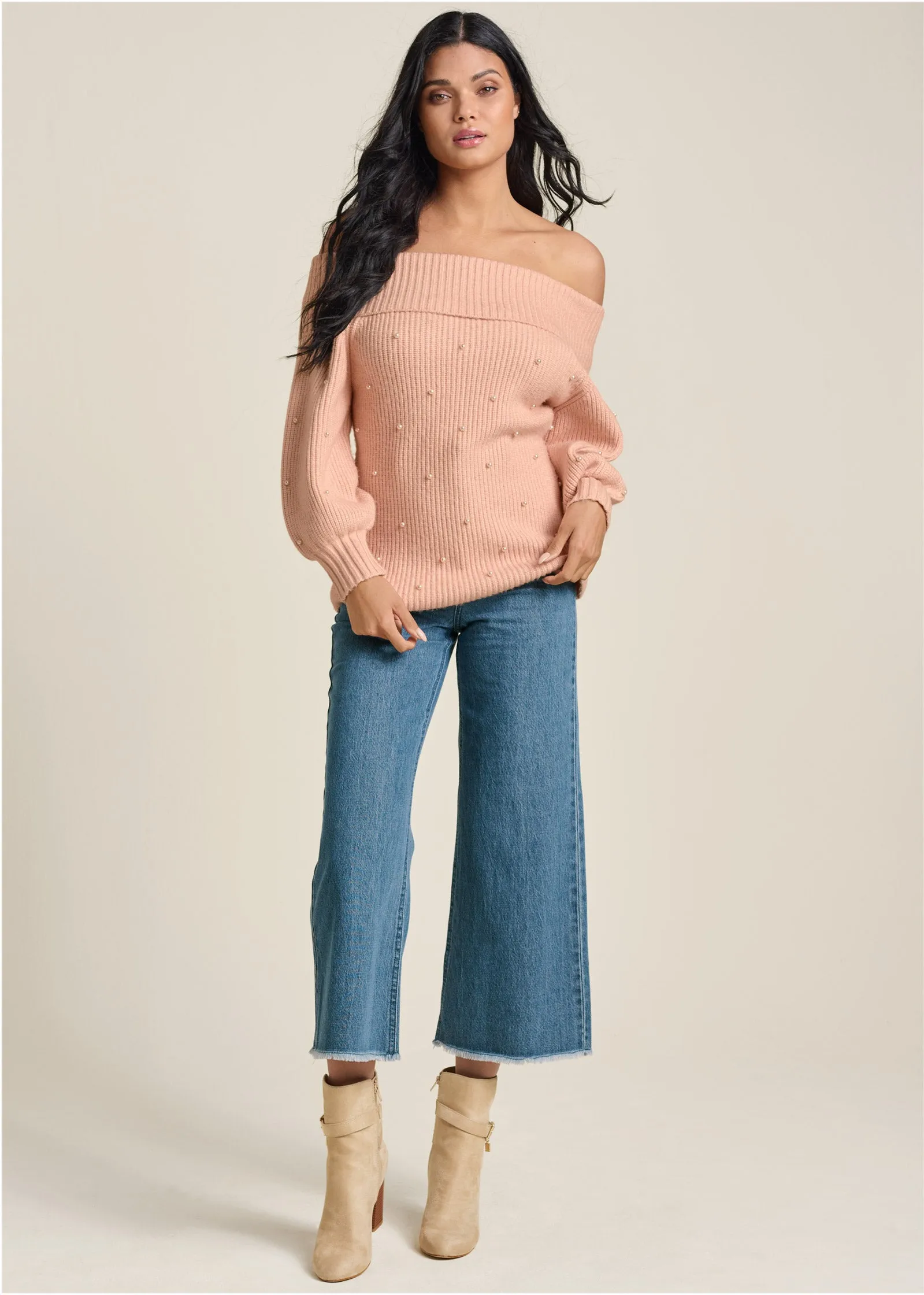 Pearl Embellished Sweater - Peach