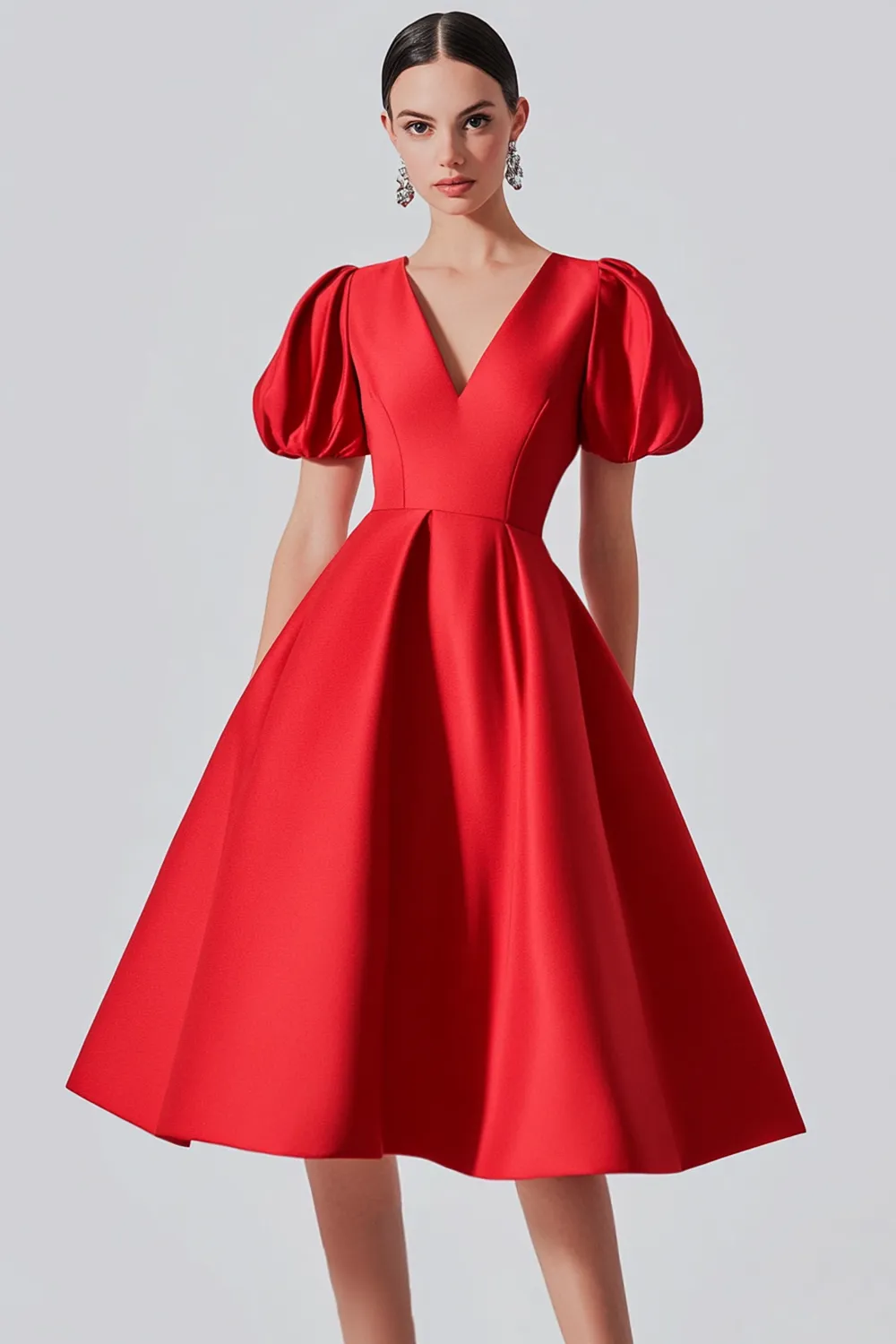 Red V Neck A Line Midi Formal Dress with Puff Sleeves