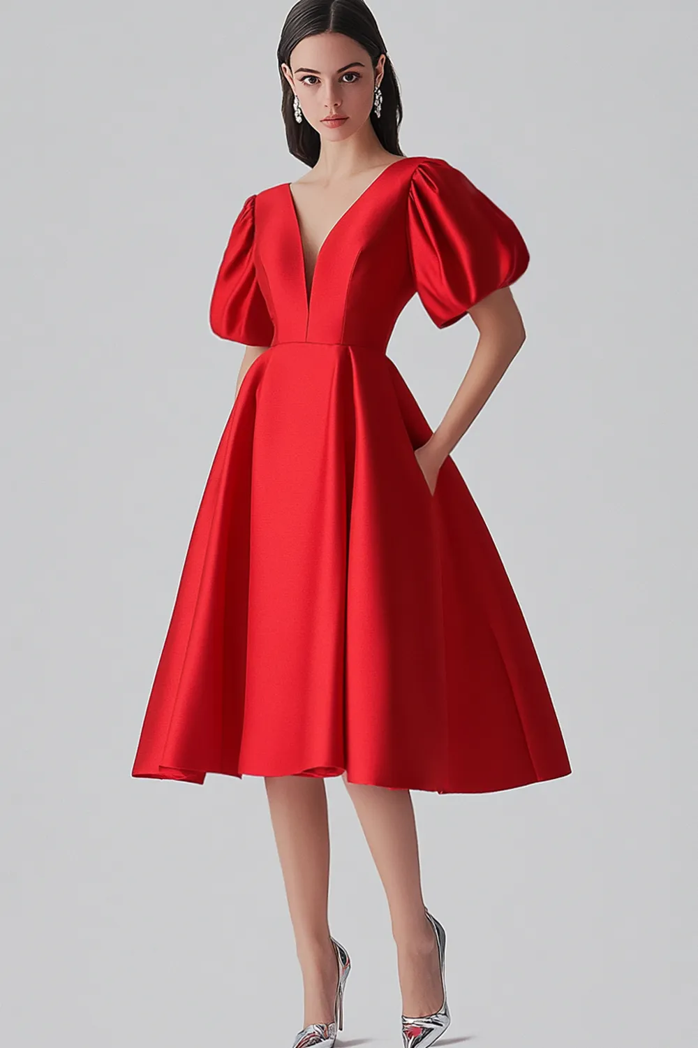 Red V Neck A Line Midi Formal Dress with Puff Sleeves