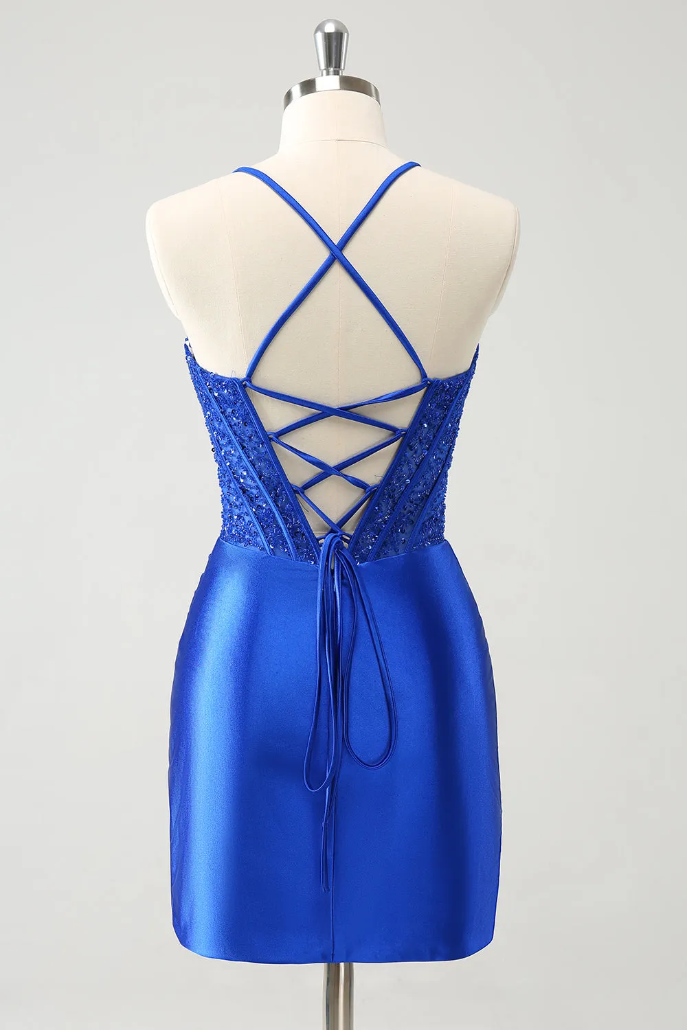 Sparkly Royal Blue Tight Corset Mini Dress with Lace Up Back
