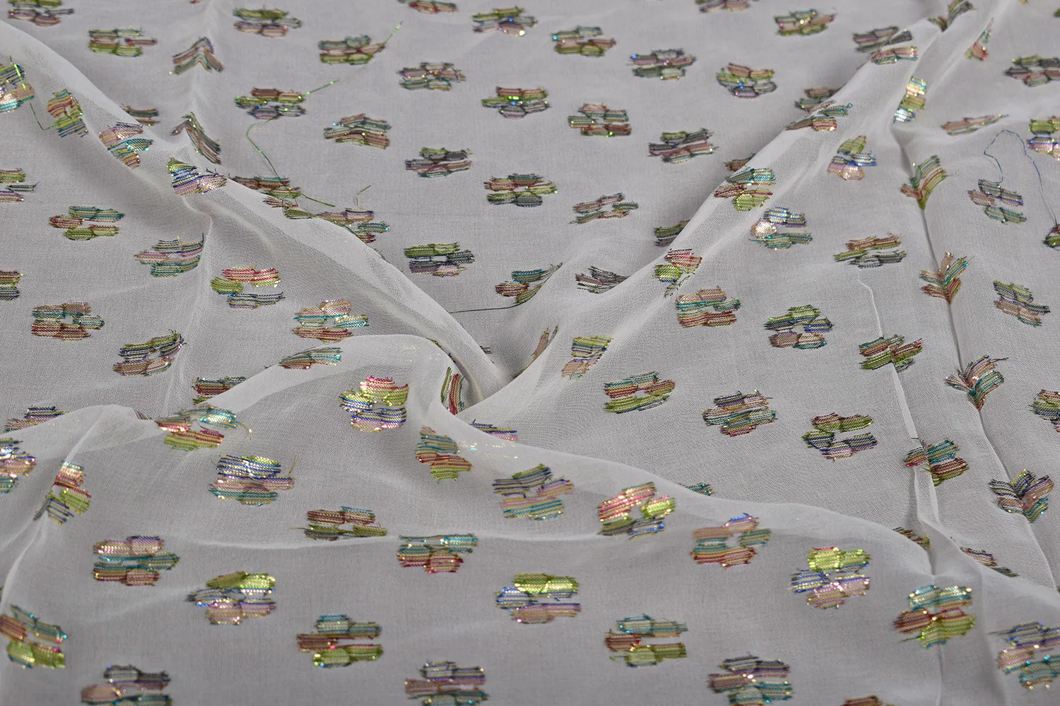 White Floral Viscose Georgette Lurex Jacquard Fabric
